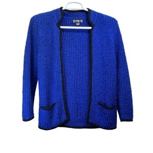 Vintage Le Chois Royal Blue Black Women's Open Front Acrylic Knit Cardigan Small